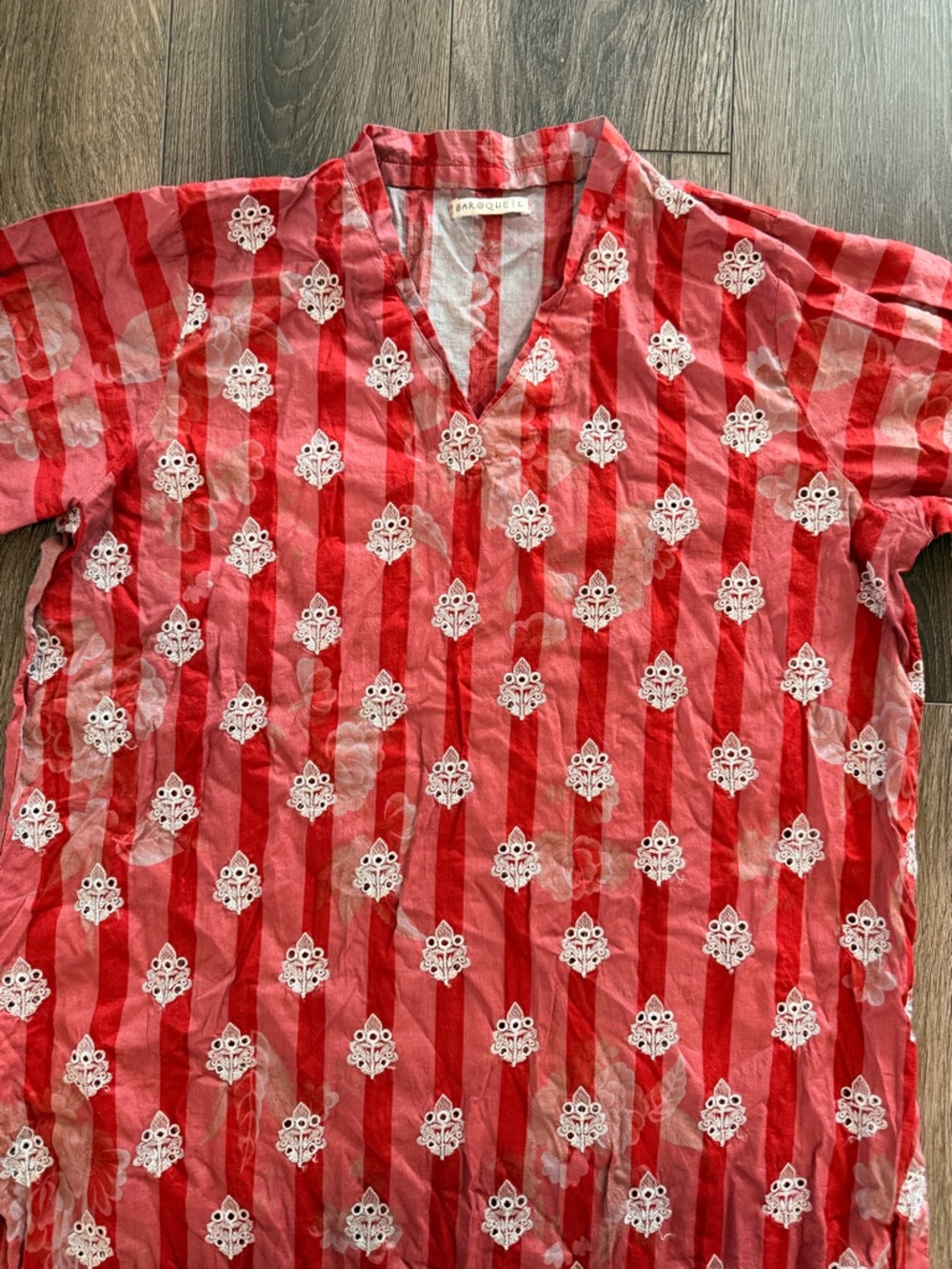 Baroque Embroidered Striped Cotton Kurta Tunic Dress Red White Size Large Boho - Picture 7 of 13